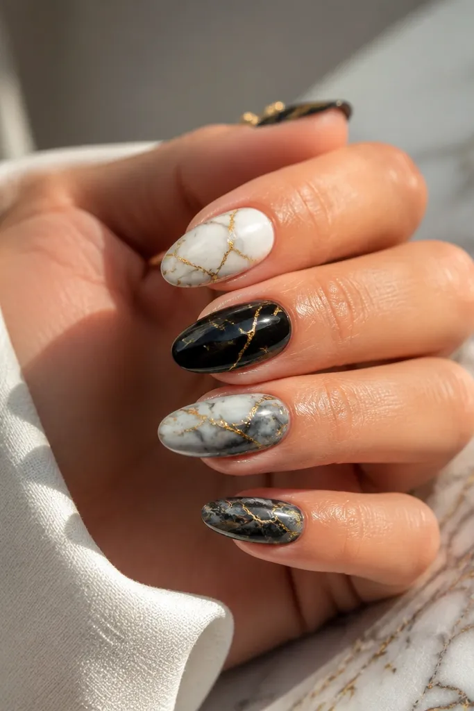 Medium almond nails with a black marble pattern (swirled dark gray and black) and thin gold vein lines that branch like marble cracks; the nails are glossy.