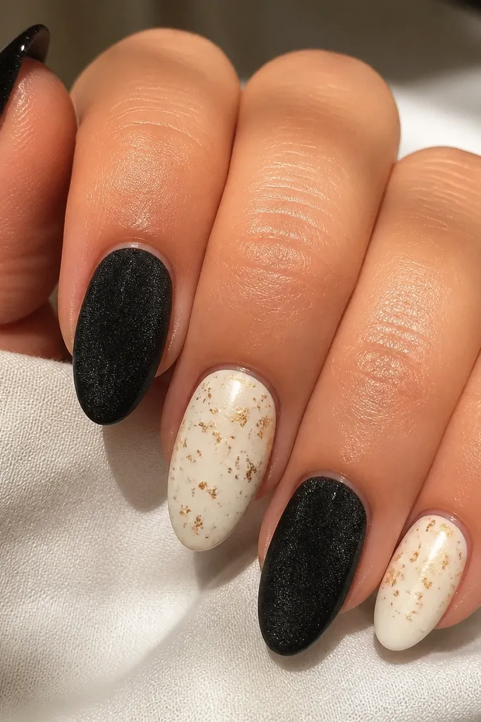 Ovals with a soft-matte black finish, then tiny gold speckles concentrated toward the center and fading outward; the specks look like fine metallic dust.