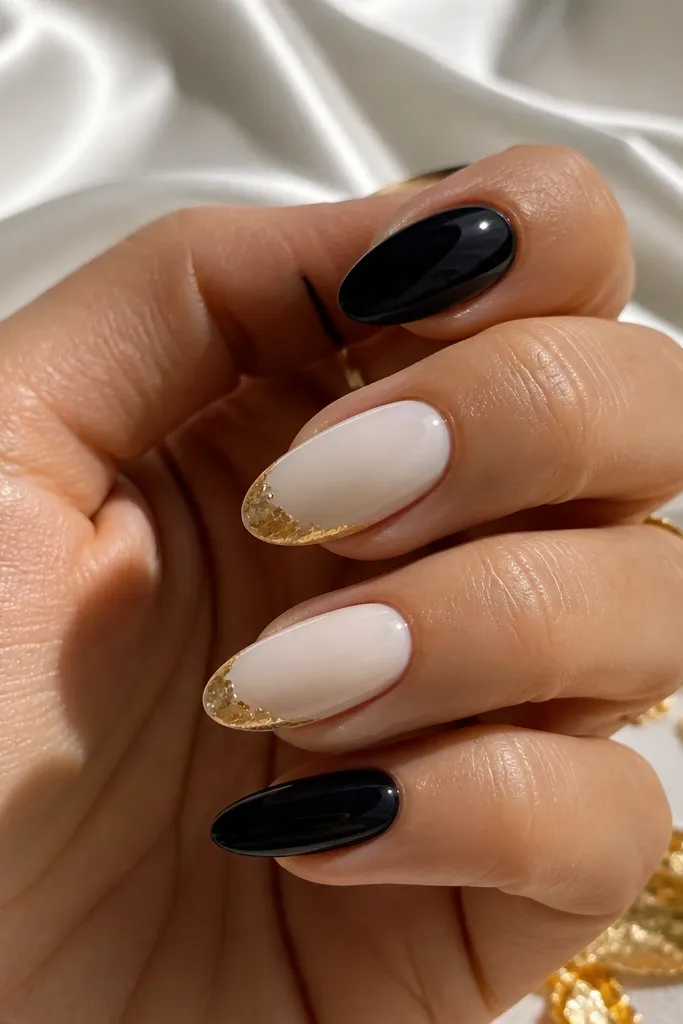 Medium almond nails with a glossy black base and a traditional French tip, but the tip is made of torn gold leaf pieces rather than a solid line; the leaf edges look irregular.