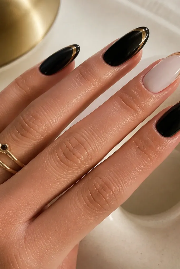 Ovals with glossy black polish and a thin gold outline tracing the outer curve of the tip, like a picture frame around the free edge.
