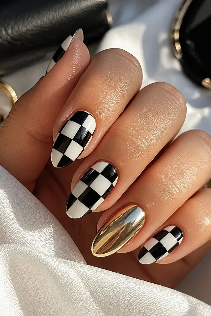 Four nails have a black base with tiny gold checkered squares near the center, one nail is fully black with gold chrome shine; all nails are glossy.