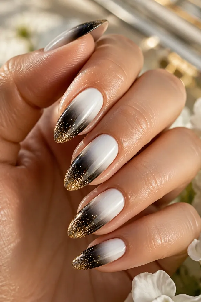 Medium almond nails with a glossy black base that fades into a gold metallic gradient at the tips, with a smooth transition and no harsh line.