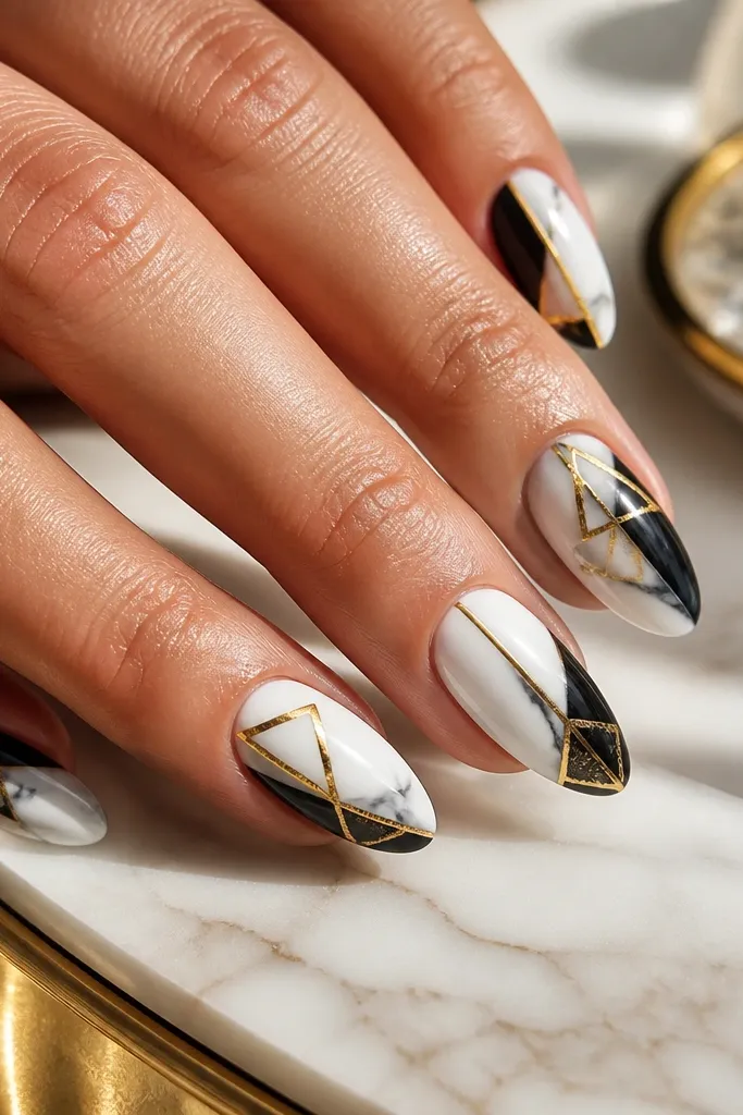 Medium almond nails with black marble swirls and a single gold foil triangle placed near the sidewall and pointing toward the center; the triangle edges are sharp where foil overlaps.