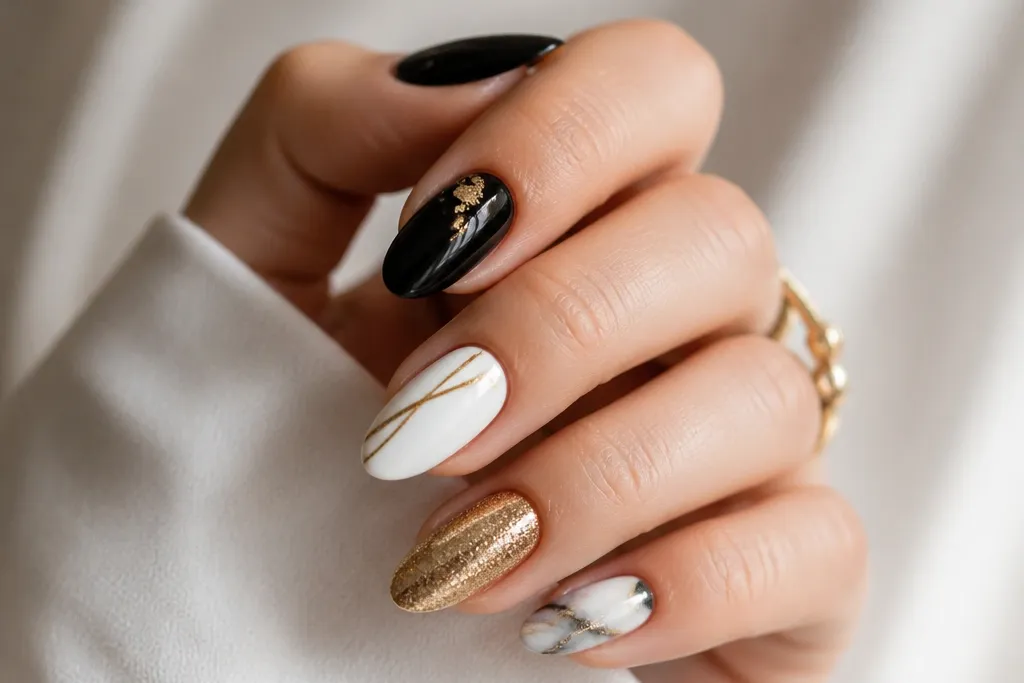 Budget Friendly Black White And Gold Nails