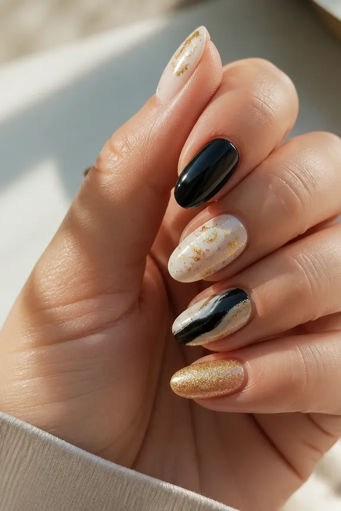 Budget Friendly Black White And Gold Nails