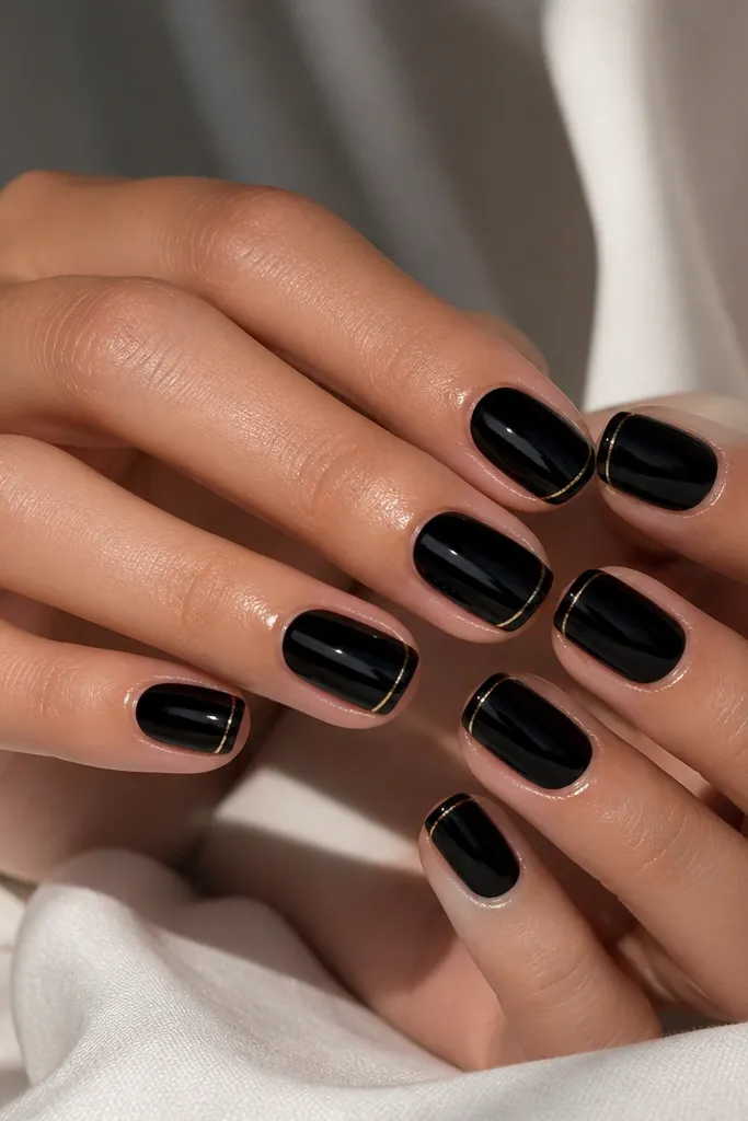 Ten nails in glossy black. Each nail has a thin gold line at the very tip, like a micro French line. The gold is narrow and crisp, with a high-shine top coat over everything.