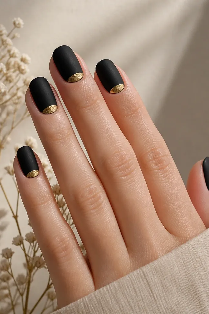 Nails are painted matte-black. At the cuticle area on each nail, there's a gold foil half-moon shape that looks like crumpled metallic paper. The rest of the nail stays solid black.