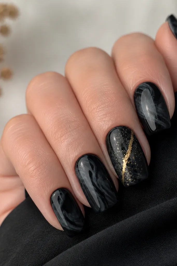Nails show black marble swirls with soft gray-black movement. One accent nail has a gold metallic vein running diagonally across the center, with tiny gold flecks branching out.