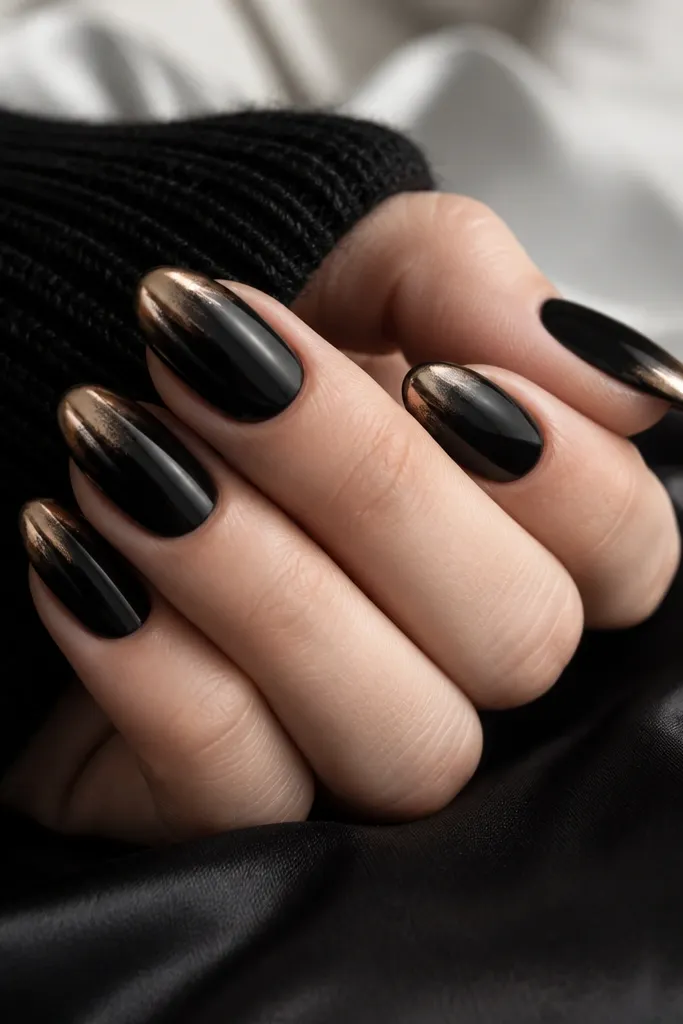 A near-black base with a soft sheen. Only the tips are gold chrome, fading slightly inward. The rest of the nail is clean and minimal.