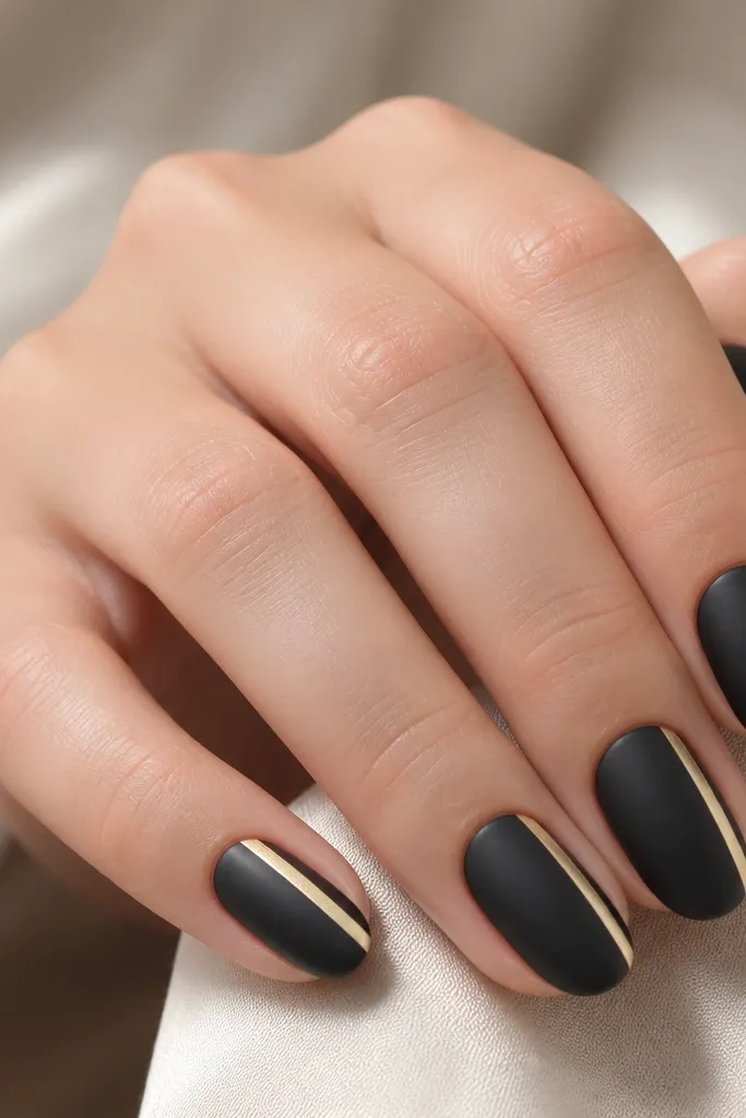 Nails have a satin-sheen black finish. On each nail, a single vertical gold stripe runs from near the cuticle down to the tip on one side, leaving the rest black.