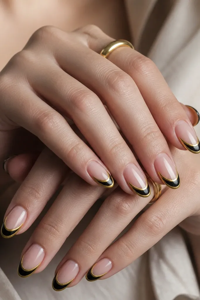 Nails have a nude base. The tips are painted black in a French shape, and around the black tip there's a thick gold outline that makes a frame. The gold line is bold and even.