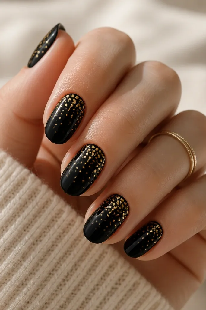 Nails are glossy black. Across the top half there are scattered gold dot clusters, like confetti, with a mix of small and medium circles. One or two nails have a slightly denser cluster near the cuticle.