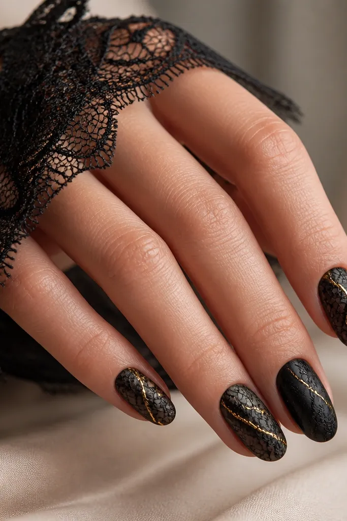 Nails have a sheer black lace pattern over a black base. Thin gold lines run like thread along the lace edges, mostly on the accent nails. The lace has small loops and gaps.