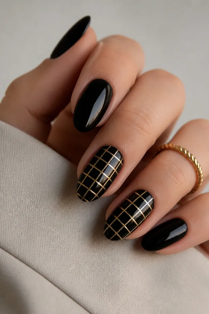 Most nails are solid glossy black. Two accent nails have a gold grid check pattern: thin gold horizontal and vertical lines on a black base. The grid is evenly spaced and crisp.