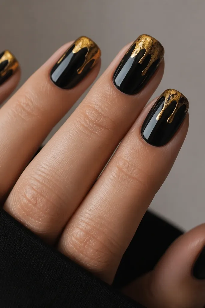 Nails have a glossy black base. At the tip, gold foil forms a drip shape that comes down from the edge in two or three irregular streaks. The rest of the nail is plain black.