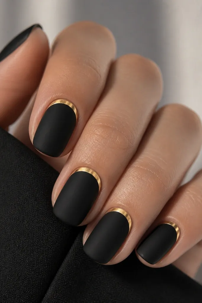 Nails have a soft, velvety matte-black finish. At the cuticle there's a smooth gold half-crescent curve, like a polished arc. The gold is clean and reflective.