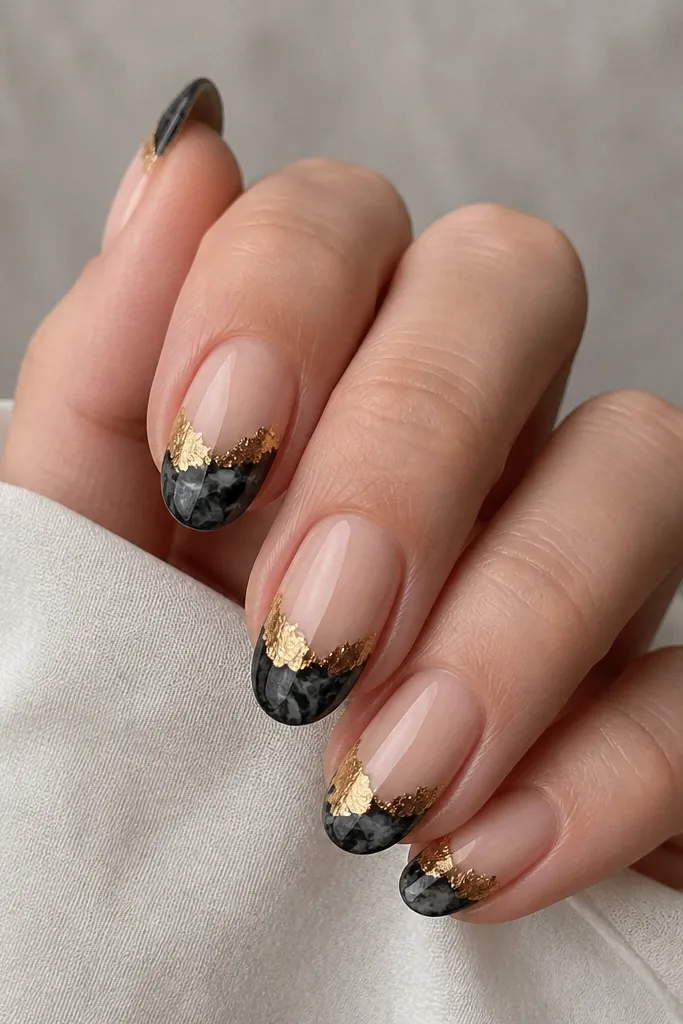 Nails have a nude base with black marble mainly on the tips. Each nail has a small gold leaf corner near the outer edge of the tip. The gold is irregular and textured.