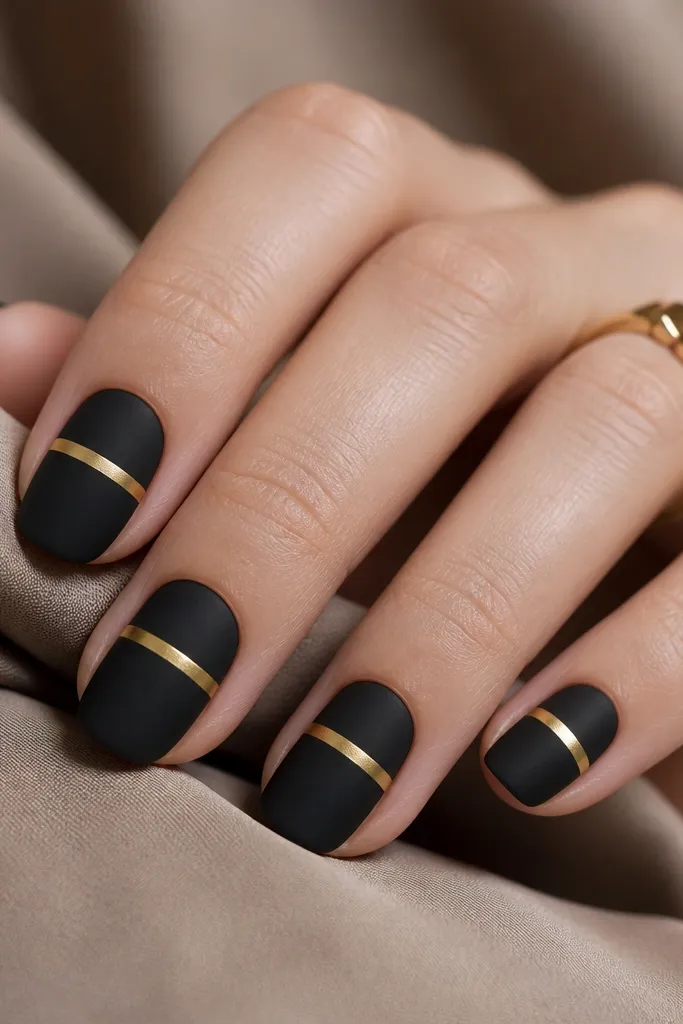 Nails are matte black. On each nail, there's a single horizontal gold bar across the middle, with sharp edges and a metallic finish. The bars are centered and evenly sized.