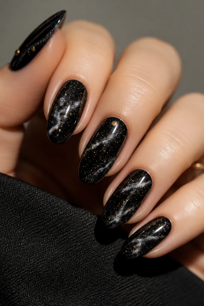 Nails look like a black galaxy with subtle smoky swirls. There are tiny gold star dots scattered across the nails, with a few slightly larger gold points. Everything is glossy.