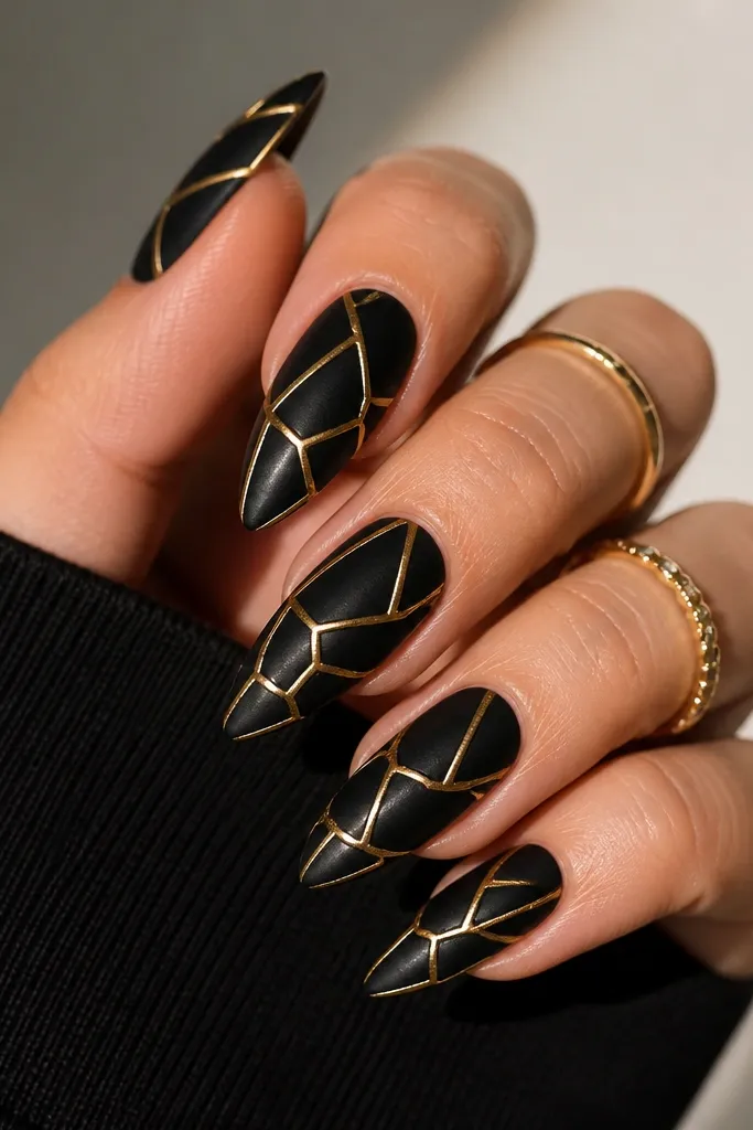 Nails have a black base. Lines form stained-glass panels with gold outlines, creating geometric shapes across the nail. The shapes inside are black with thin gold borders only.