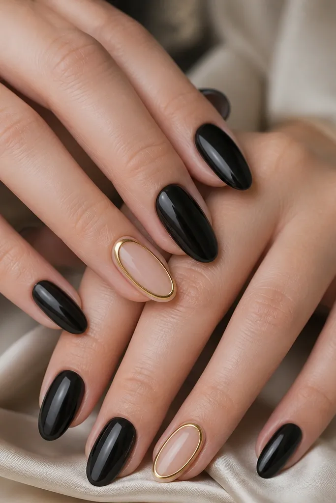 Most nails are glossy black. On two accent nails, there is a clear or nude oval shape in the center outlined with a gold rim, while the oval interior stays nude. The rim is smooth and even.