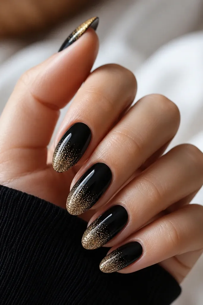 Nails have a black base. Gold glitter fades from the tips downward, with the densest glitter at the very tip and almost none near the middle. The rest stays solid black.
