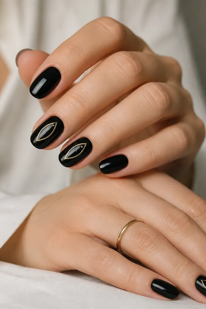 Nails are glossy black. On accent nails, a marquise-shaped outline sits in the center, drawn with gold metallic polish. The outline is smooth and symmetrical, with a small gold dot at the top point.