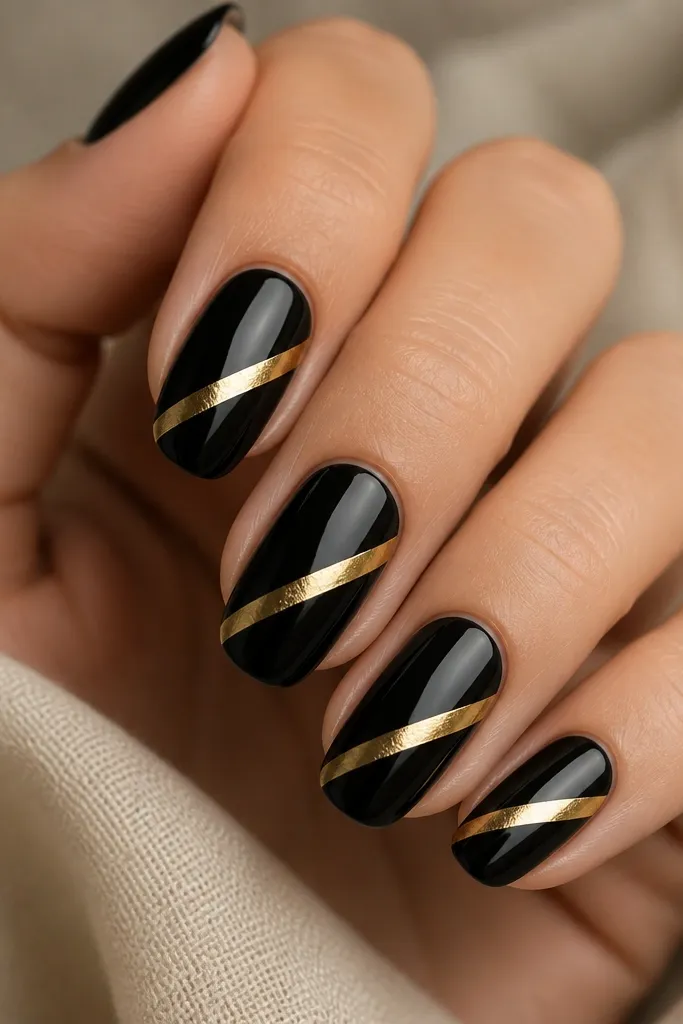 Nails are glossy black. A diagonal gold foil tape strip runs from lower left near the sidewall to upper right near the tip. The tape has slight foil texture and a metallic shine.