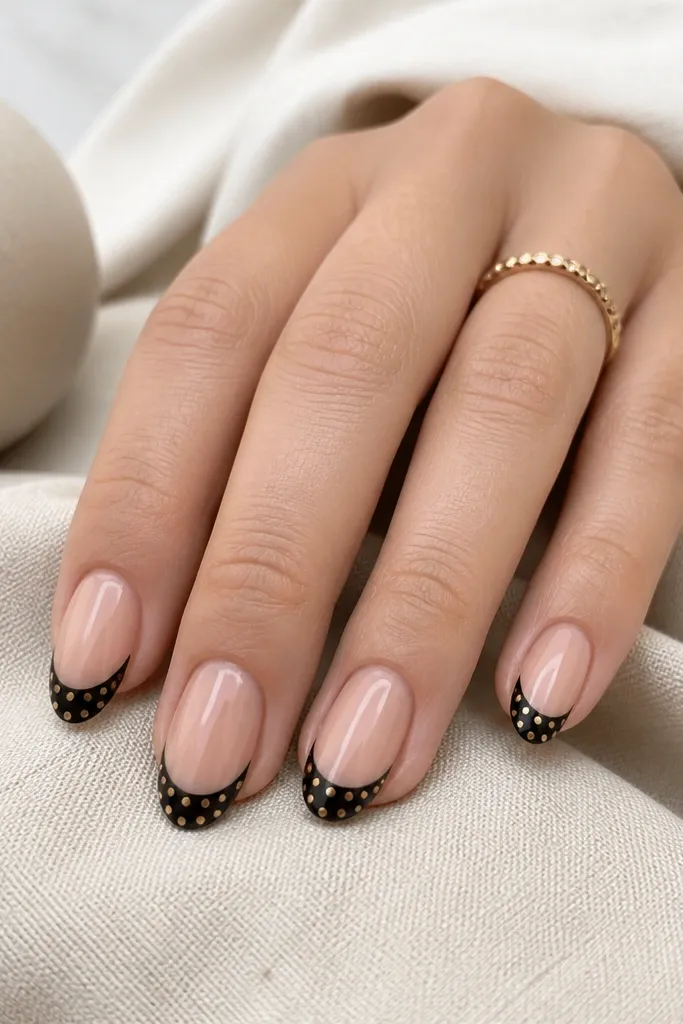 Nails have a nude base. The tips are painted glossy black in a French shape. Inside the black tip area, there are small evenly spaced gold dots like polka dots. The gold dots are crisp and shiny.