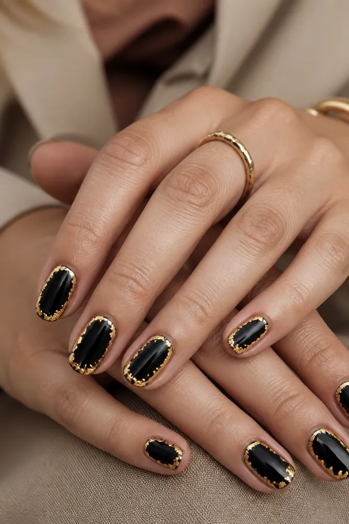 Nails have a gold foil frame near the edges. The center is glossy black, creating a bordered look. The gold foil looks irregular like metal leaf but stays mostly along the perimeter.
