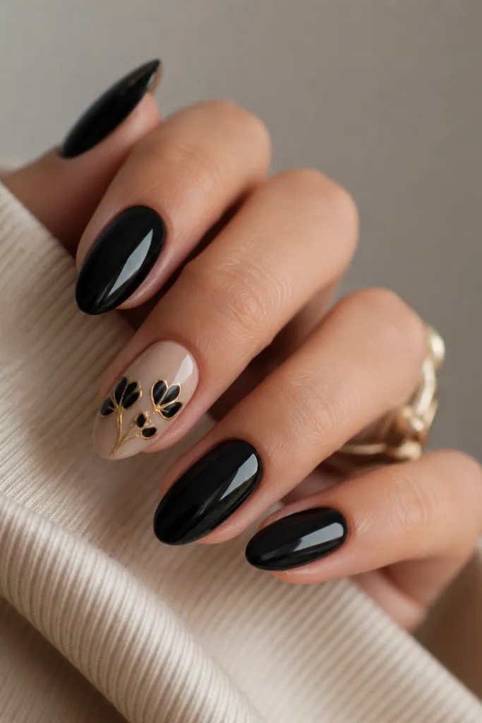 Most nails are solid glossy black. On one or two accent nails, there's a small black floral silhouette on a nude base, outlined with thin gold lines. The flowers look like tiny petals with gold edging.