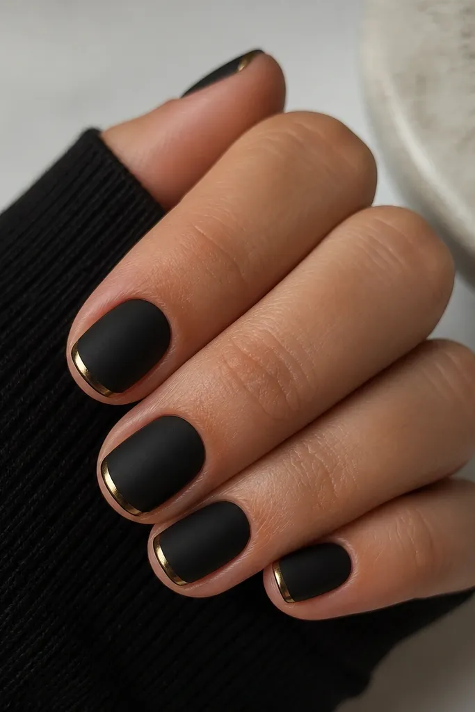 Short rounded nails with matte black base. Each nail has a very thin gold foil French tip strip only 1-2 mm wide, leaving a clear black curve near the sidewalls.