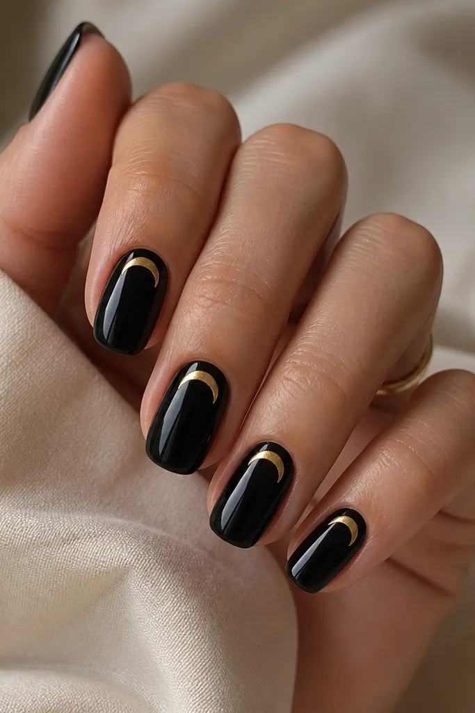 Nails with glossy black base. Near the cuticle on each nail is a small gold crescent, like a tiny comma shape, with a clean black gap between crescent and sidewalls.