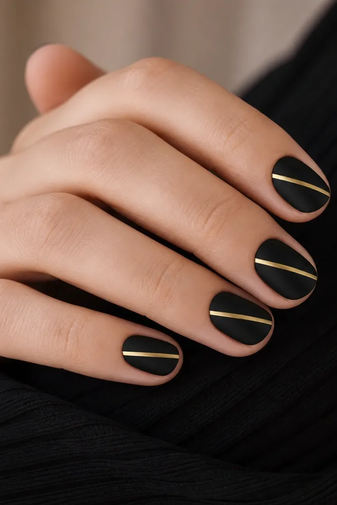 Short nails with matte black. One diagonal gold strip runs from upper left to lower right on each nail, about 1 mm wide, with crisp edges and black filling the rest.