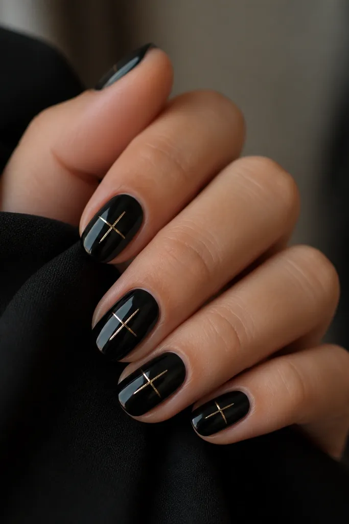 Black glossy nails with a tiny gold grid made from thin lines crossing in the center. The grid is small, leaving most of the nail black and clean around the edges.