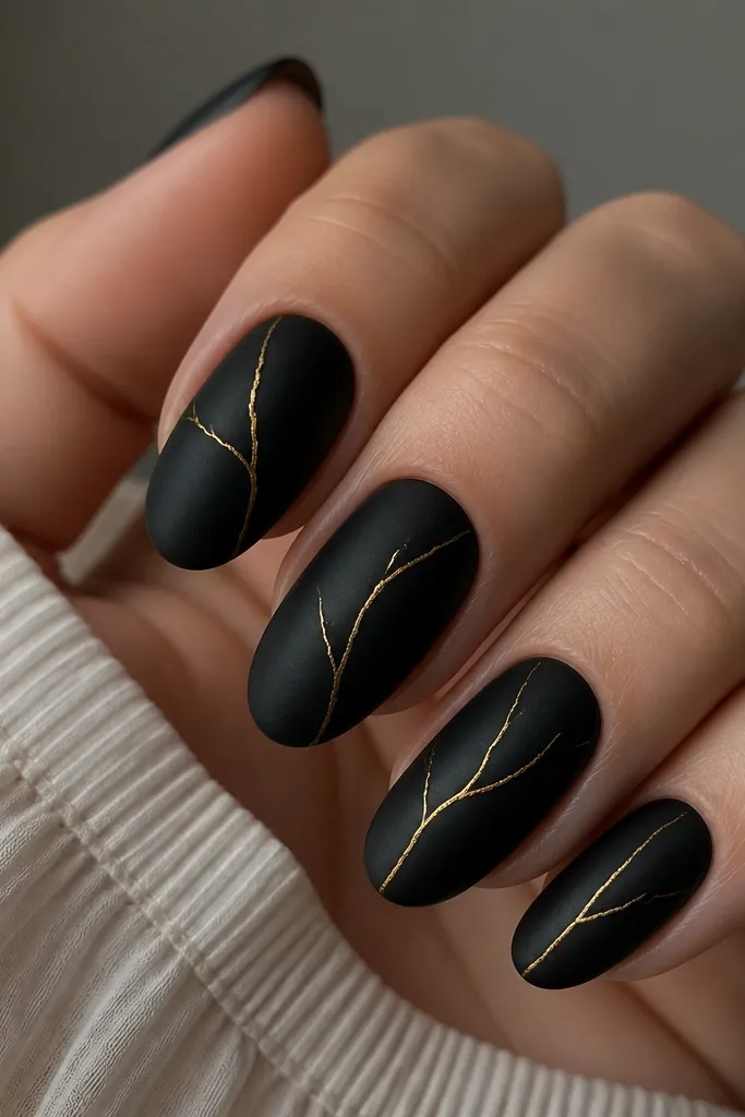 Black matte nails with one thin gold vein branching like marble on each nail. The gold stays fine and wispy, not sparkly, and ends before the side edges.