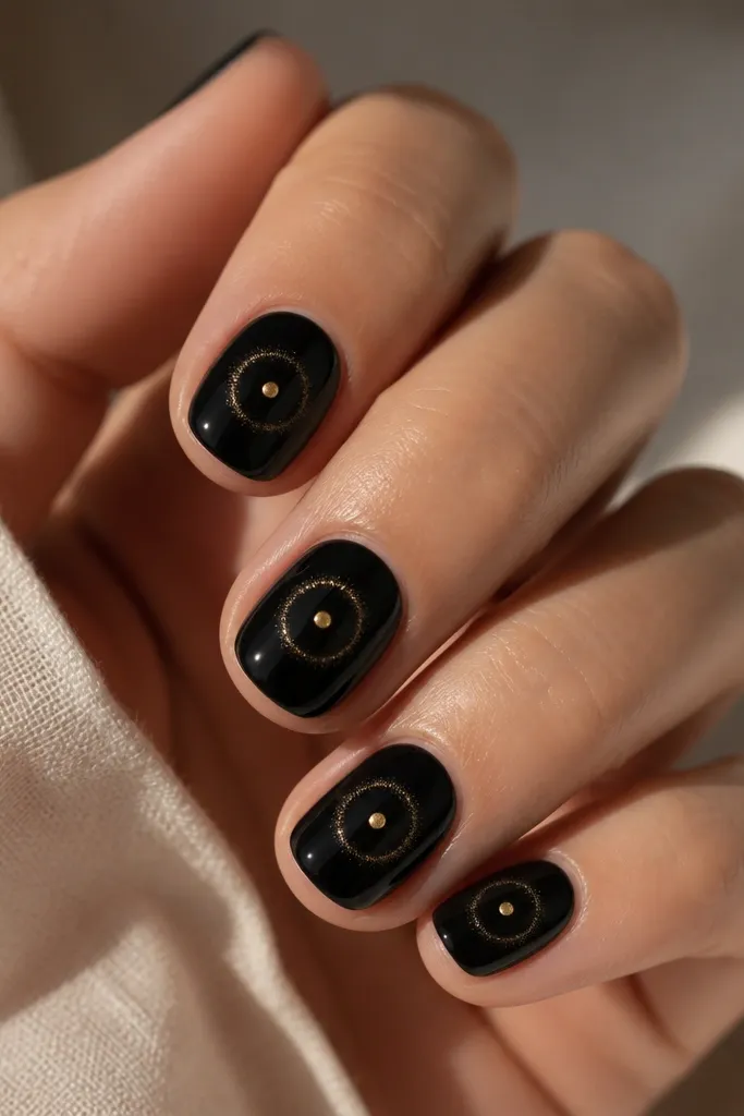 Short rounded nails in glossy black. A small gold dot sits in the center of each nail, surrounded by a faint ring or halo made with gold chrome dust.