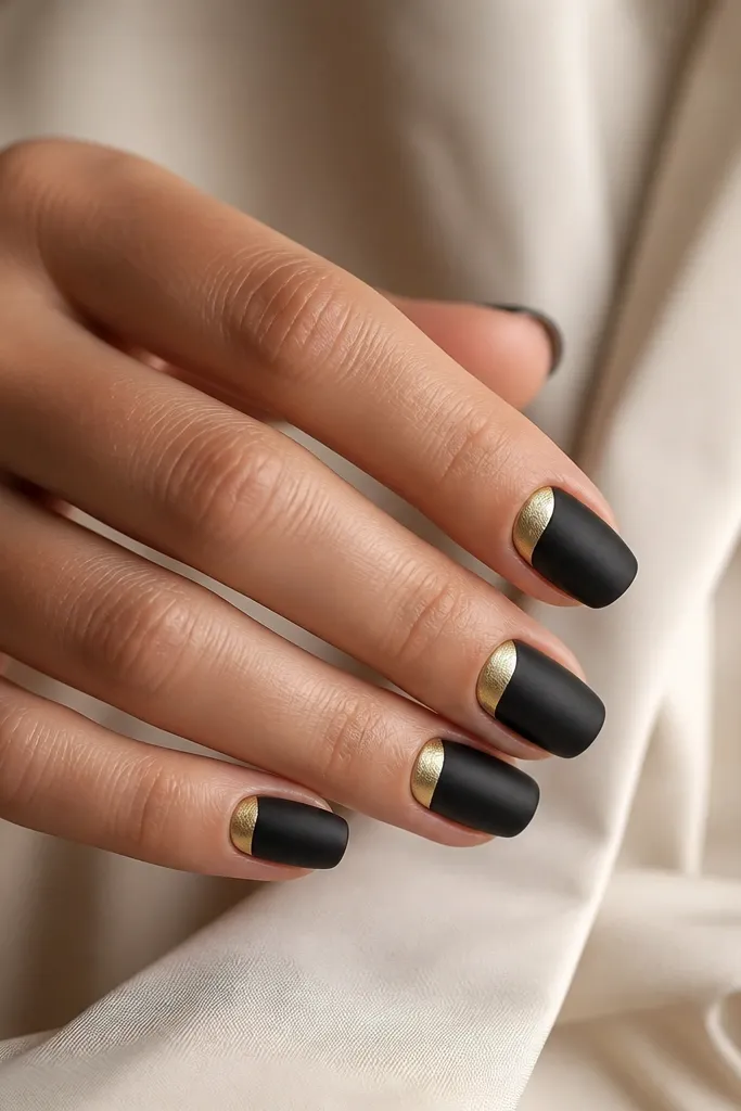 Matte black nails with a gold half-moon on the left side near the cuticle. The half-moon is only about a quarter of the nail width and has a clean edge.