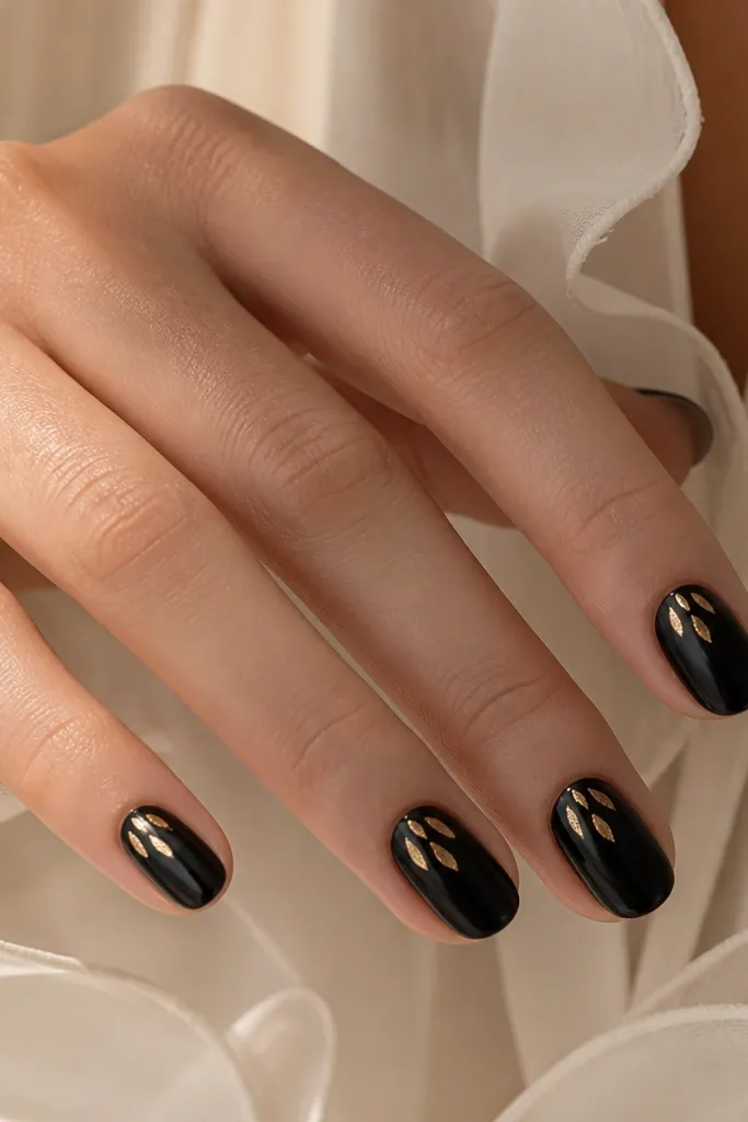 Black glossy nails with 1-2 small gold foil tear-drop shapes per nail. The tears point upward toward the cuticle, with negative space around them.