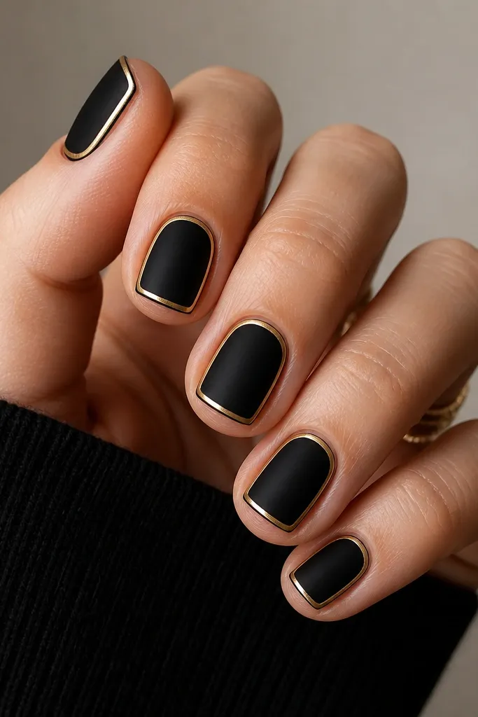 Short square nails with matte black. A thin gold outline frames the nail edges with a small gap at the cuticle, like a minimalist picture frame.