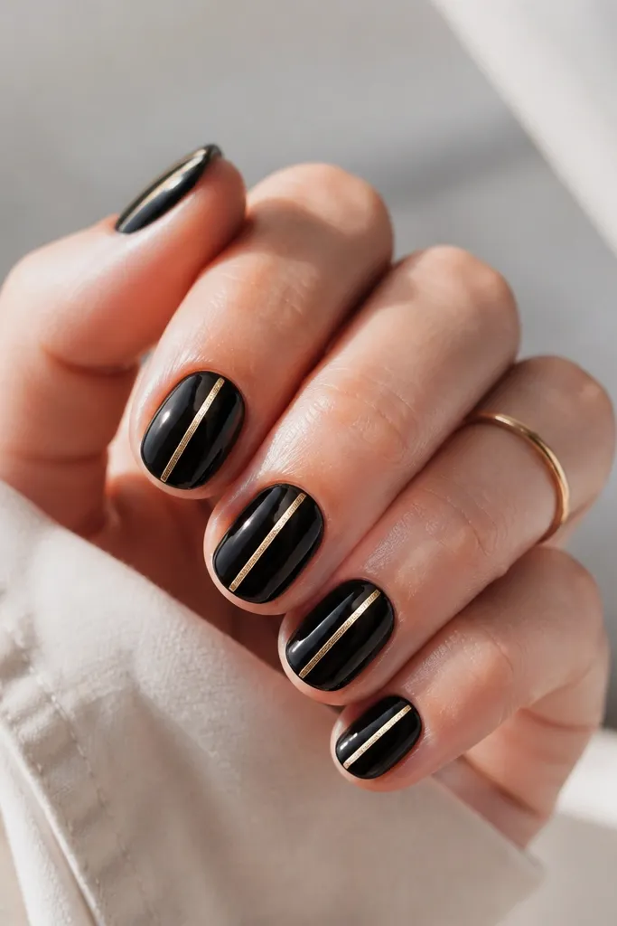 Short nails in glossy black with a single vertical gold chrome stripe running down the center. The stripe is mirror-bright and about 1 mm wide.
