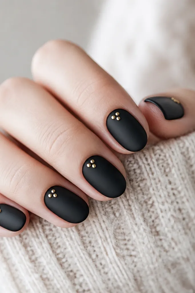 Black matte nails with three tiny gold studs arranged in a small triangle near the cuticle. The studs are evenly spaced and have a glossy metal shine against the matte base.