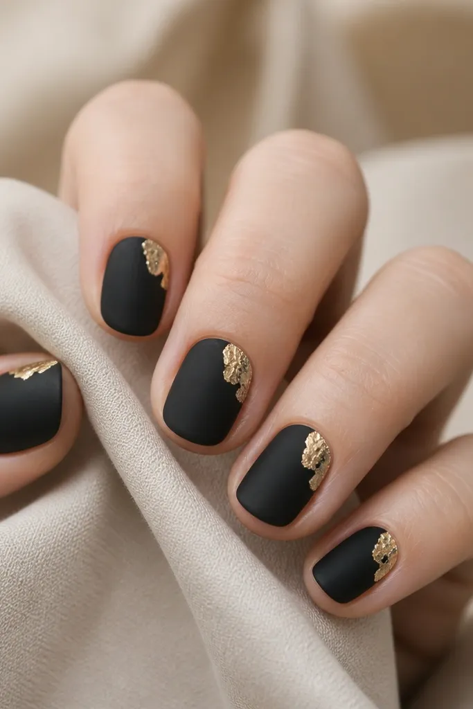 Short oval nails with matte black. Each nail has a small gold leaf corner piece in the upper right, like a leaf fragment pinned to the surface.