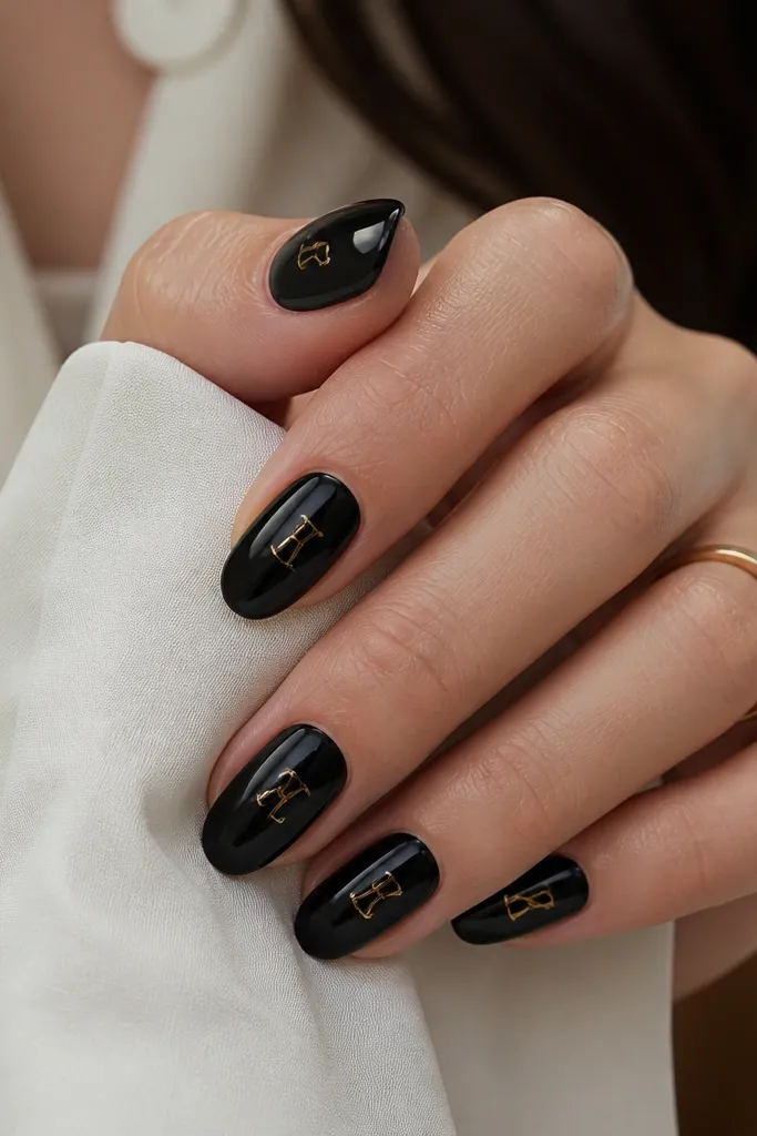 Black glossy nails with a tiny gold script letter near the center of each nail. The gold is smooth and metallic, with clean strokes and lots of negative space.