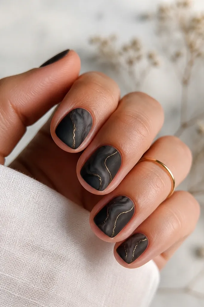 Short nails with a subtle black marble swirl on top of a matte base. Along the outer curve of the swirl there is a thin gold edge line.