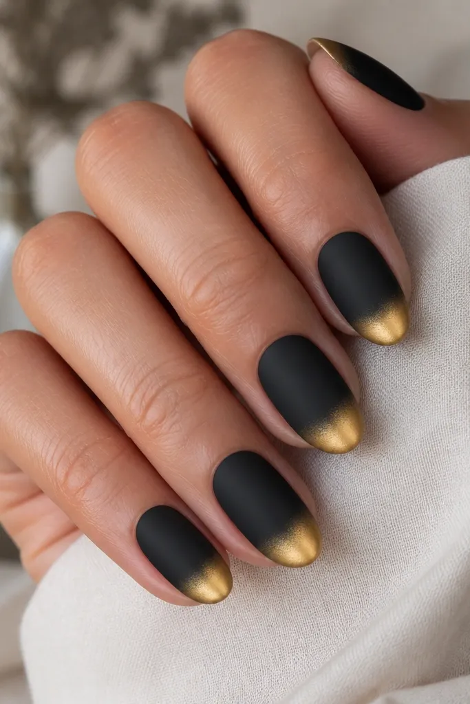 Nails with matte black. The free edge has a gold dip effect only on the tips, forming a clean curved band that fades slightly upward.
