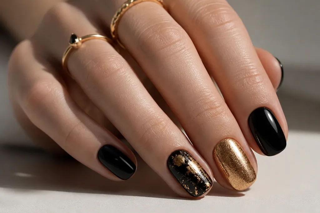 Classy Simple Black And Gold Nails