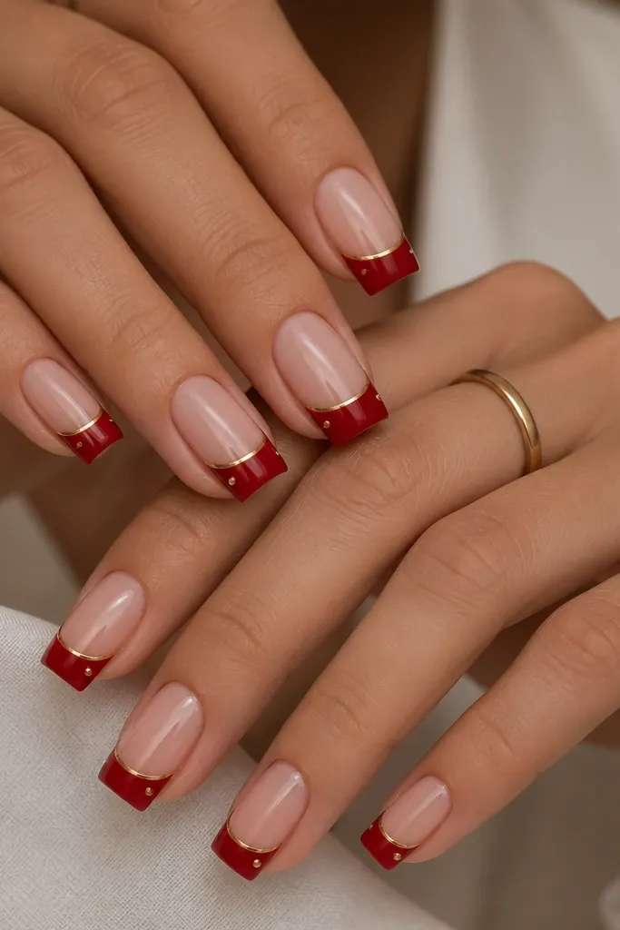 Square nails with glossy cherry-red French tips on a sheer nude base, thin gold striping lines running along the smile line, and a tiny gold dot at the outer corner of each tip.
