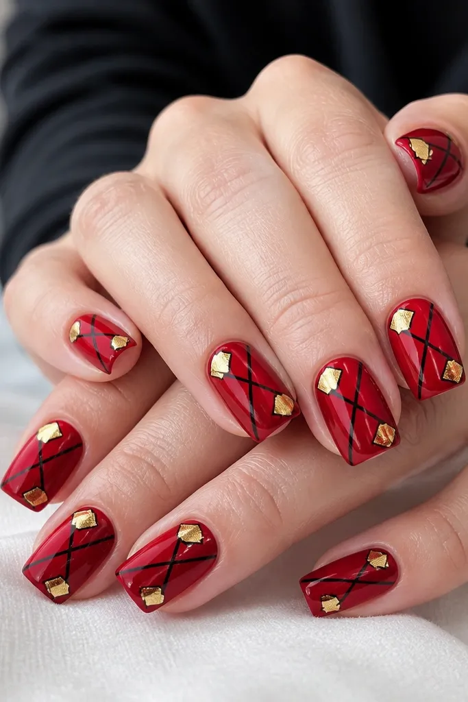 Medium square nails with glossy red base, black diagonal crisscross lines forming an X pattern on each nail, and small gold foil squares at the top-left and bottom-right corners.