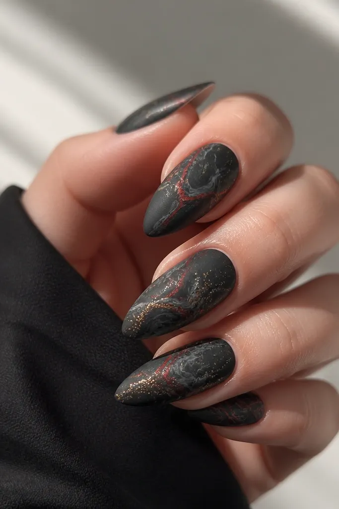 Almond nails with matte black marble swirls, thin red streaks like veins running through the marbling, and tiny gold specks scattered near the center.